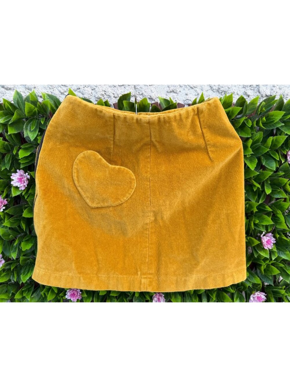 Saffron Fine Whale Corduroy Mini Skirt Heart Patch Pocket Waist 25"
